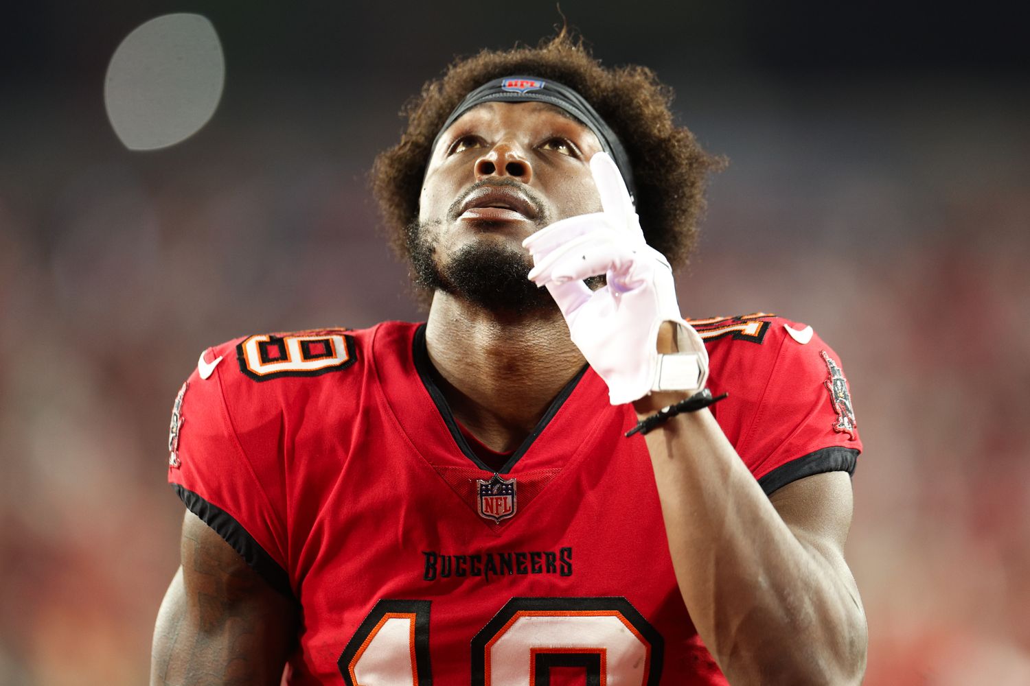 Jan 15, 2024; Tampa, Florida, USA; Tampa Bay Buccaneers wide receiver David Moore (19) gestures in the end zone before a 2024 NFC wild card game against the Philadelphia Eagles at Raymond James Stadium. Mandatory Credit: Nathan Ray Seebeck-USA TODAY Sports